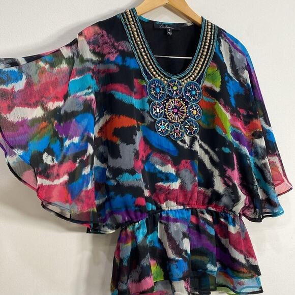 Calessa Blouse Art to Wear Beaded Flutter Sleeves Small - Picture 7 of 11